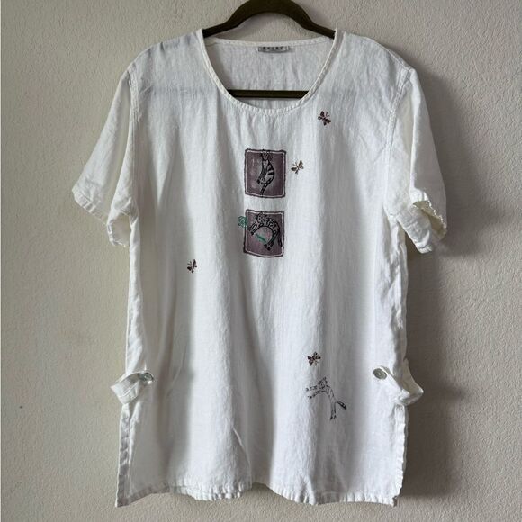 Vintage 80s Focus USA 100% Linen Top Tunic Cat Butterfly Print Sz M* Coastal - Picture 1 of 7